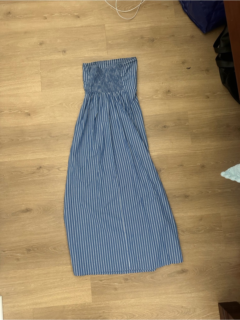 Blue and White Pinstripe Strapless Maxi Dress - Picture 3 of 5